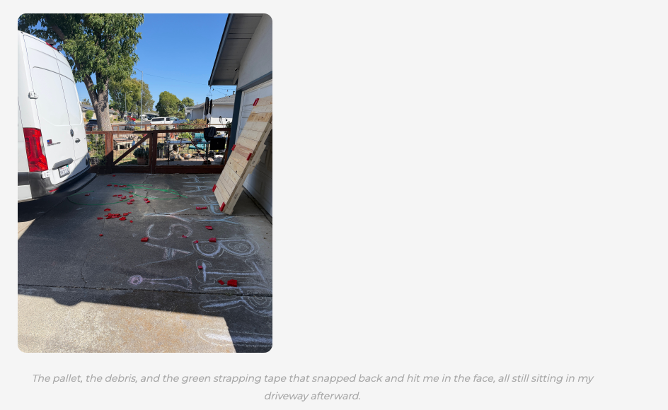 Wooden pallet and plastic packaging debris left in driveway after Tesla solar panel delivery