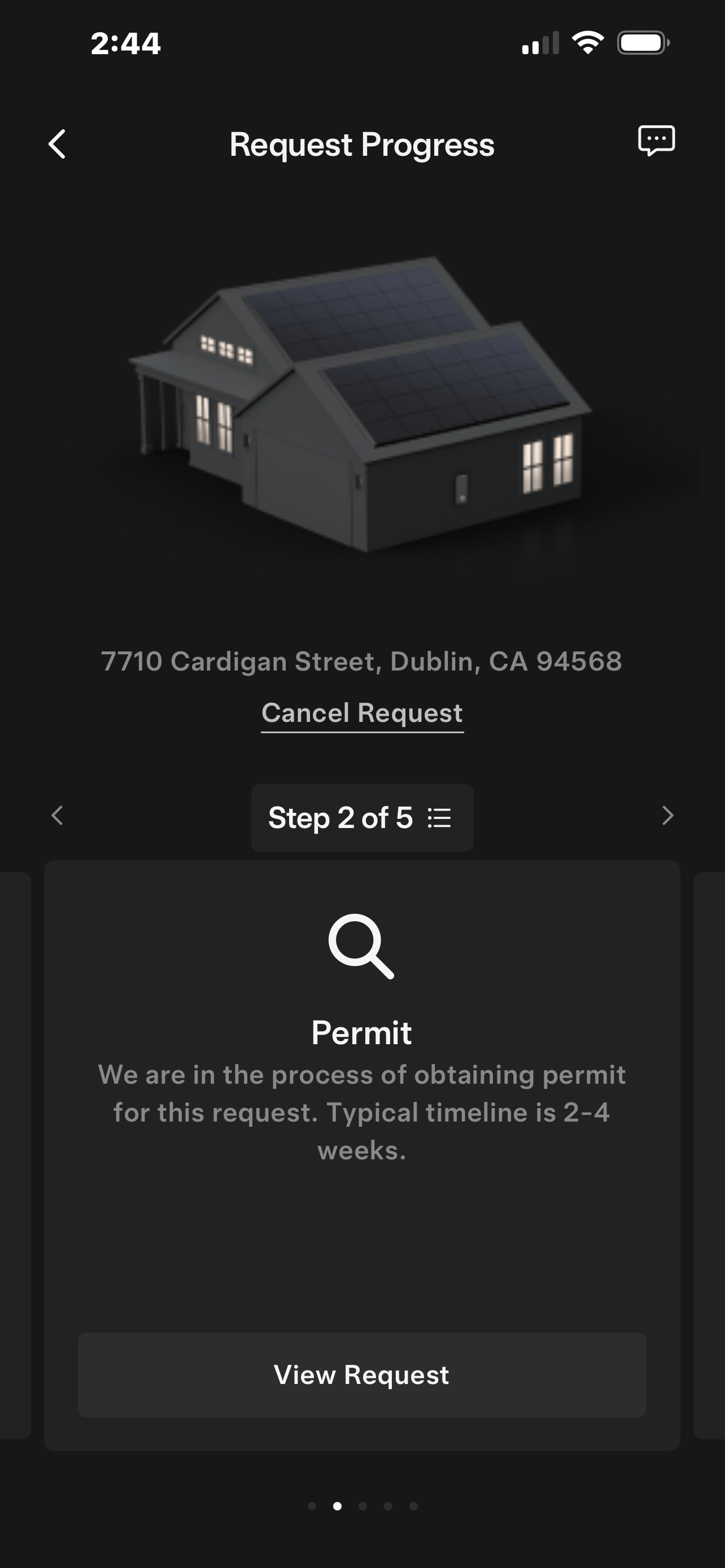 Tesla app showing Step 2 of 5 — Permit status screen, stating they are in the process of obtaining a permit with a typical timeline of 2–4 weeks