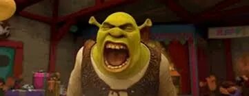 A close up of shrek with his mouth open