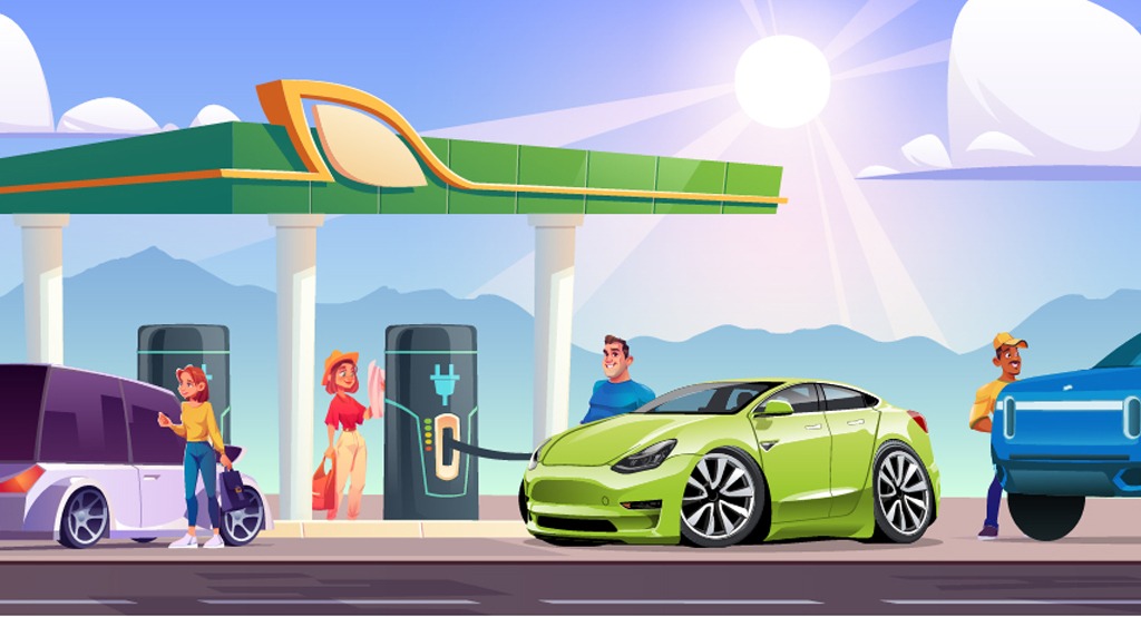 A green car is parked at the gas station.