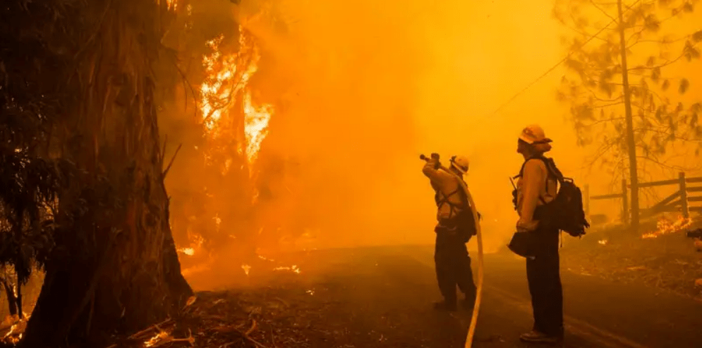 A fire fighter is standing in front of the flames.