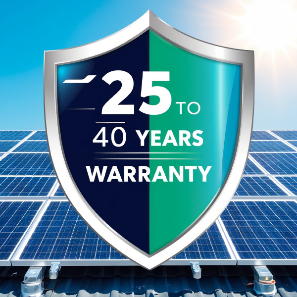 Shield emblem showcasing '25 to 40 Years Warranty' text over a background of solar panels and a bright sunny sky, symbolizing long-term reliability and sustainable energy solutions.