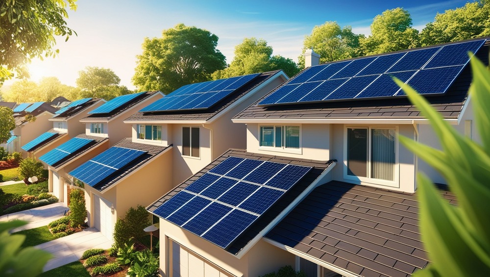 Modern homes with rooftop solar panels, surrounded by greenery and bathed in sunlight, showcasing sustainable energy solutions in a suburban setting.