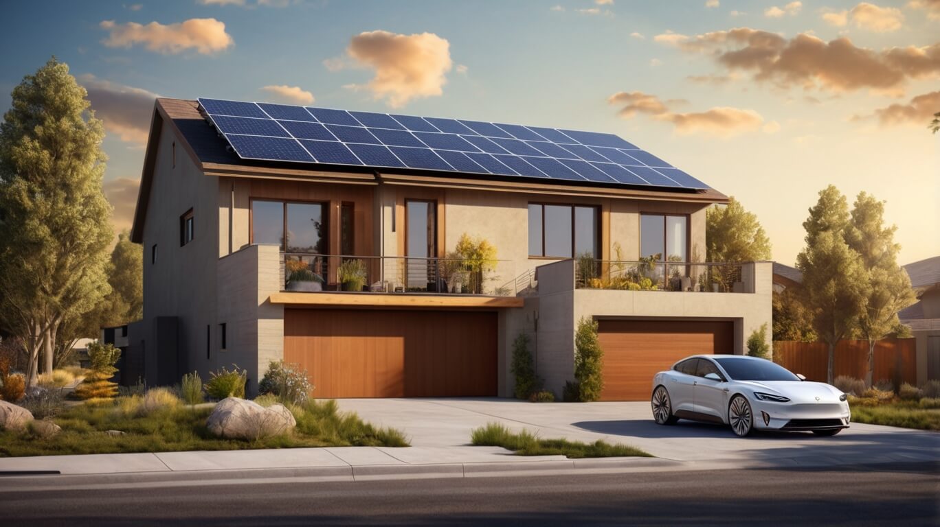 A modern two-story California home with large solar panels installed on its slanted roof, bathed in warm sunlight. The house features a contemporary design with beige stucco walls, wooden garage doors, and large glass windows. A sleek white electric car is parked in the driveway. The front yard is landscaped with drought-resistant plants, rocks, and small trees, reflecting a sustainable and eco-friendly lifestyle. The sky above has soft, golden clouds, enhancing the warm and inviting atmosphere.